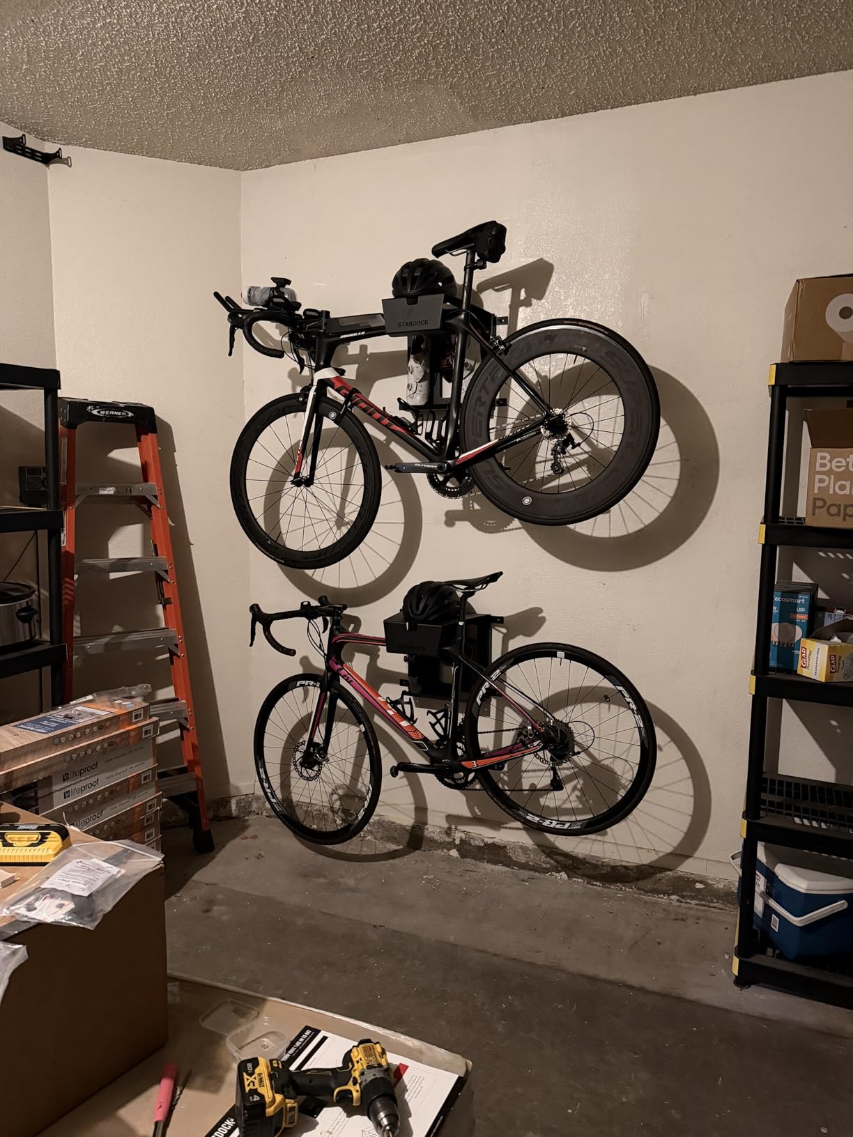 Wall Bike Rack | Bike Storage Wall Mount System | For Race Bicycles and Mountain Bikes | Bike Shelf | Indoor bike wall bracket | Store your helmet and shoes | Home and Garage customer photo 1
