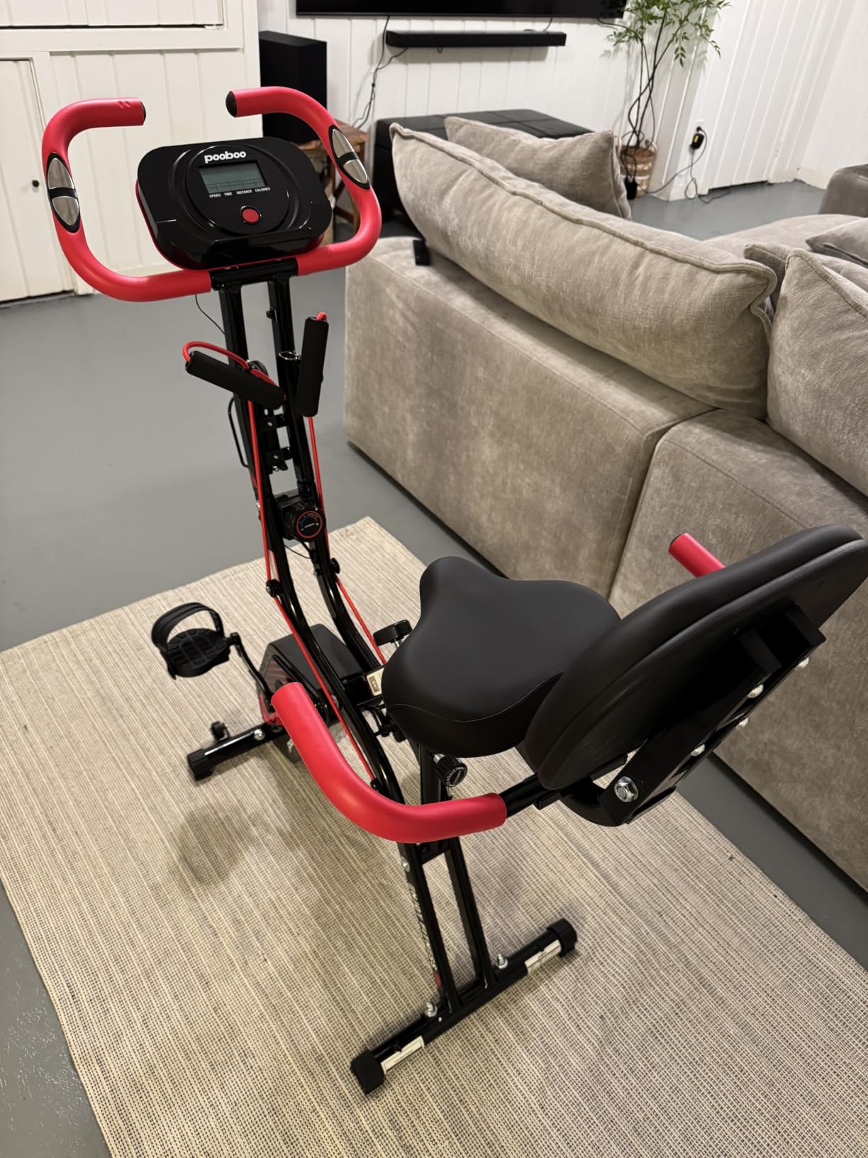 pooboo Folding Exercise Bike, Foldable Upright Stationary Bike, Indoor Cycling Magnetic X-Bike with 8-Level Adjustable Resistance, 6.6 LBS Flywheel, 300LB Capacity, Back Support Cushion for Home Gym customer photo 2