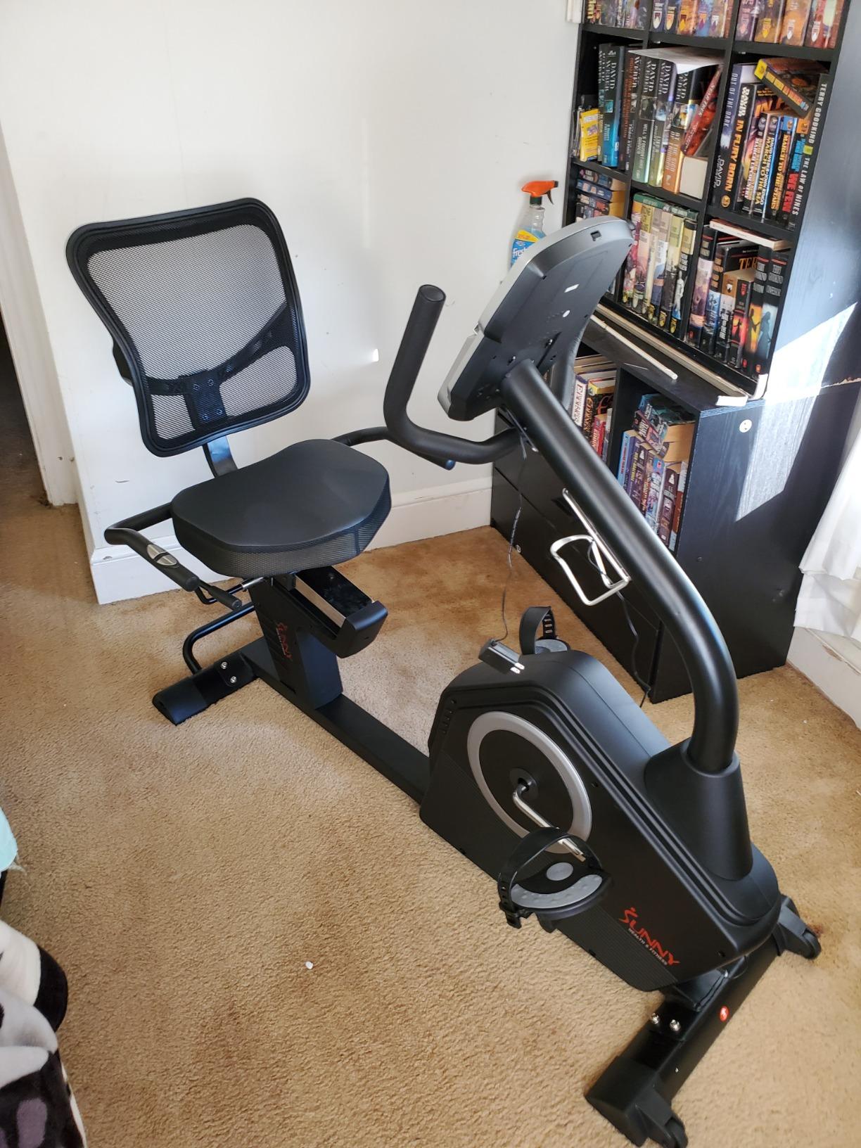 Sunny Health & Fitness Smart Recumbent Bike with Pulse Sensors, Home Cycling Workout Machine w/Cushion Seat & Mesh-Backrest, Free SunnyFit App Connection customer photo 1
