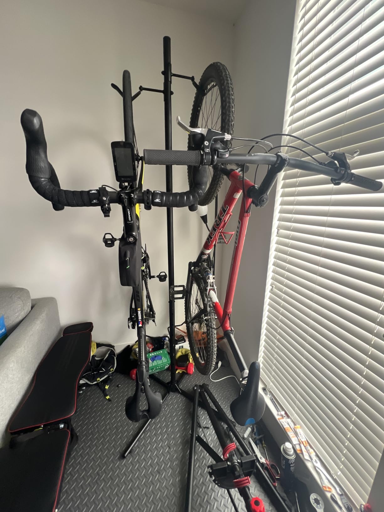 CyclingDeal Bike Vertical Freestanding Hanger Parking Rack - Fully Adjustable Gravity Storage Floor Stand - Safe & Secure for Hanging MTB Road Bicycles in Garage or Home - 2 Bikes Vertical customer photo 1
