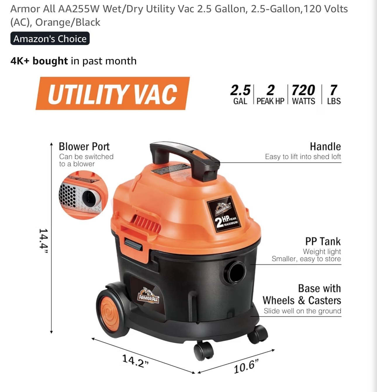 Armor All AA255W 2.5 Gal 2 Peak HP Wet/Dry Utility Vac Orange/Black customer photo 2