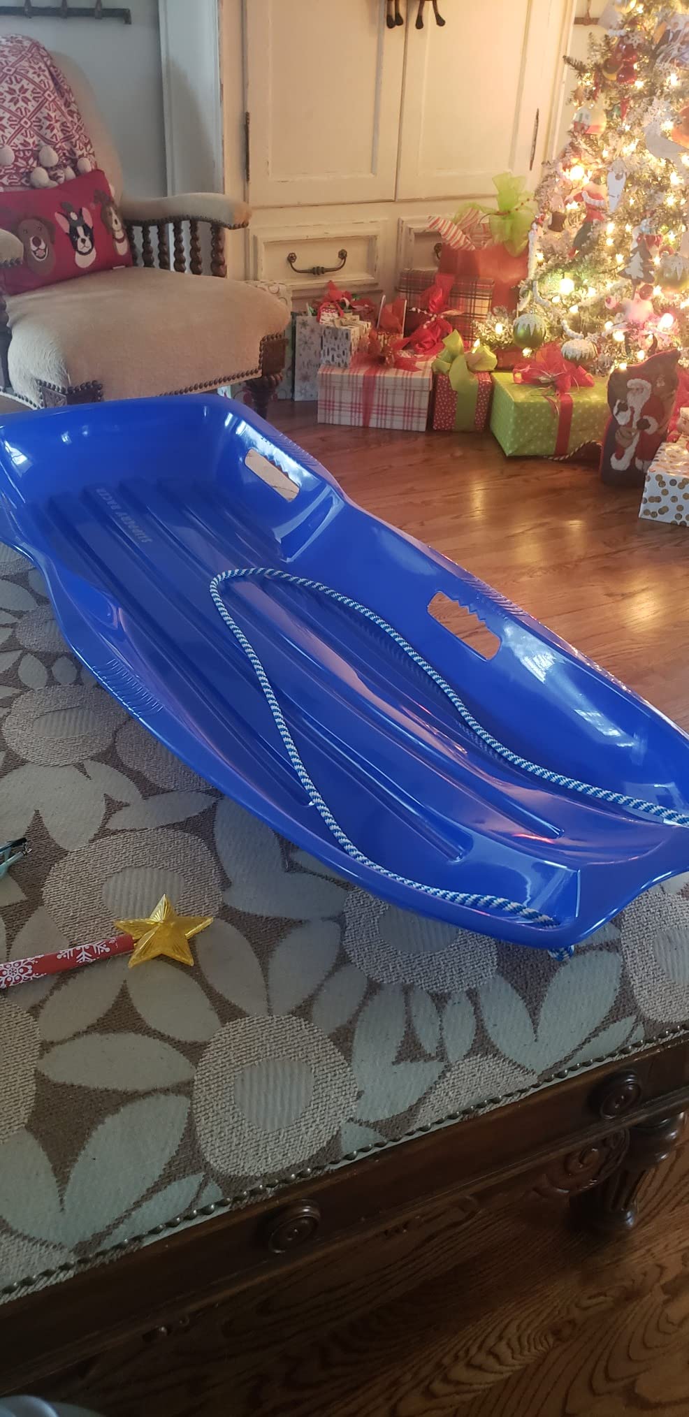 Slippery Racer Downhill Xtreme Flexible Adults and Kids Plastic Toboggan Snow Sled for Up to 2 Riders with Pull Rope and Handles, Red (Blue) customer photo 1