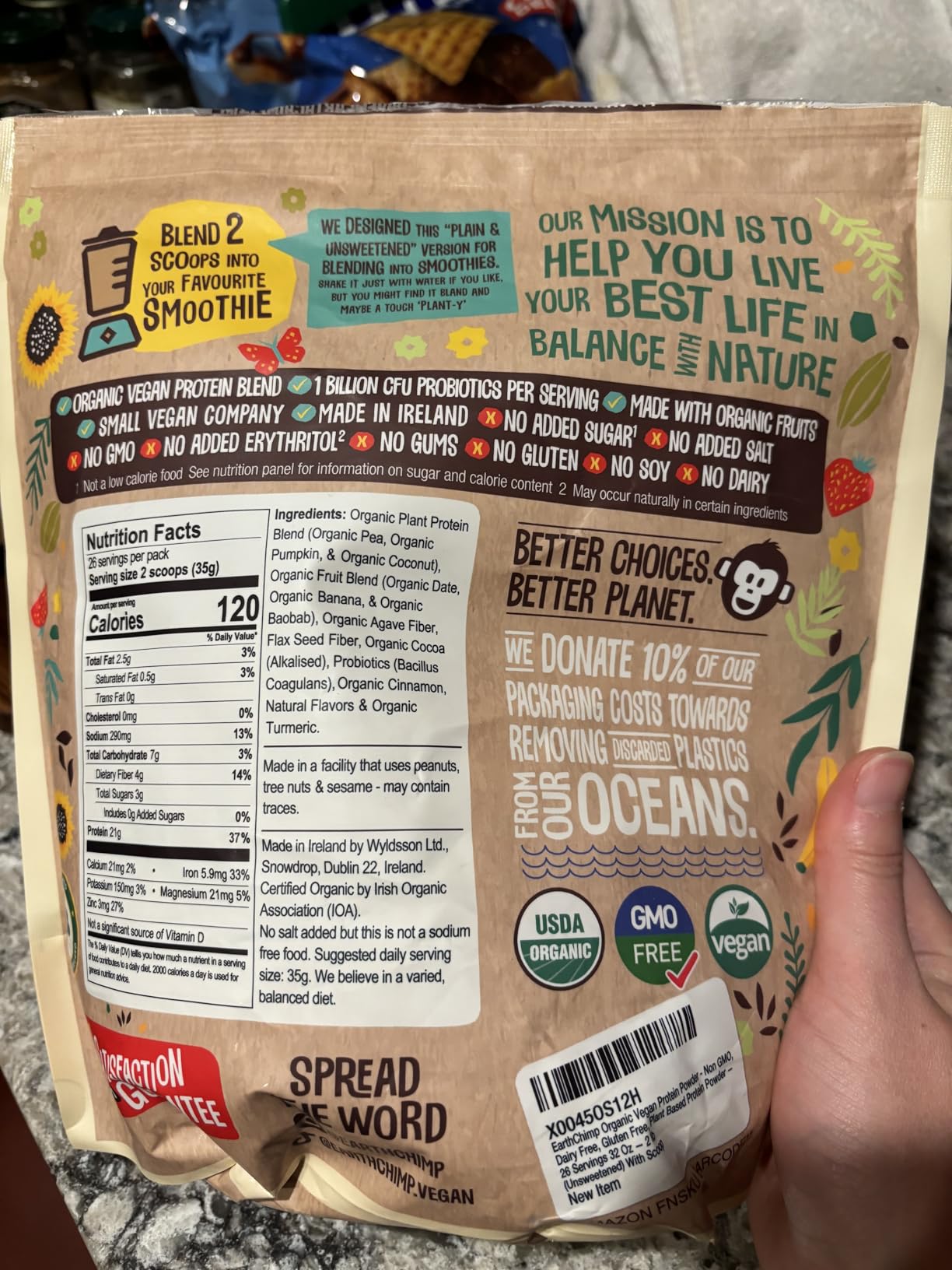 EarthChimp Organic Vegan Protein Powder - with Probiotics - Non GMO, Dairy Free, Non Whey, Plant Based Protein Powder for Women and Men, Gluten Free - 26 Servings 32 Oz (Chocolate) customer photo 2