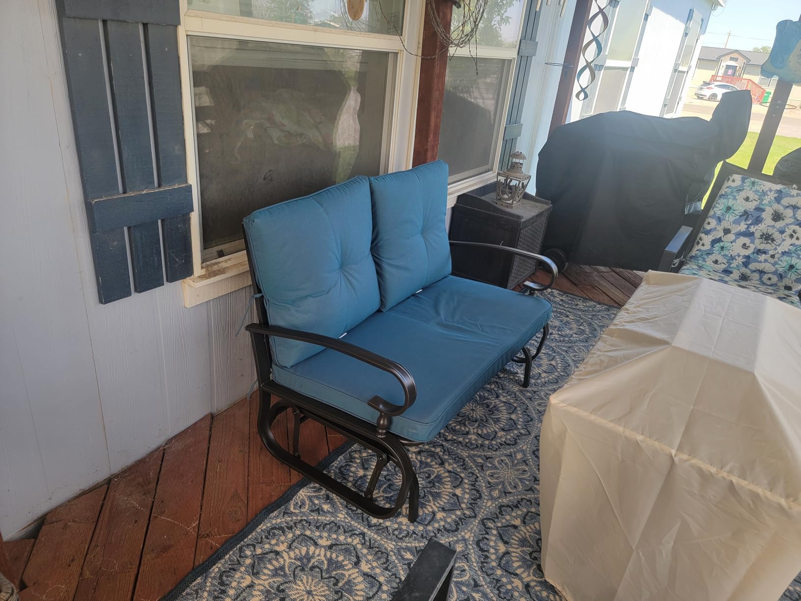Incbruce Outdoor Swing Glider Rocking Chair Patio Bench for 2 Person, Garden Loveseat Seating Patio Steel Frame Chair Set with Cushion, Peacock Blue customer photo 2