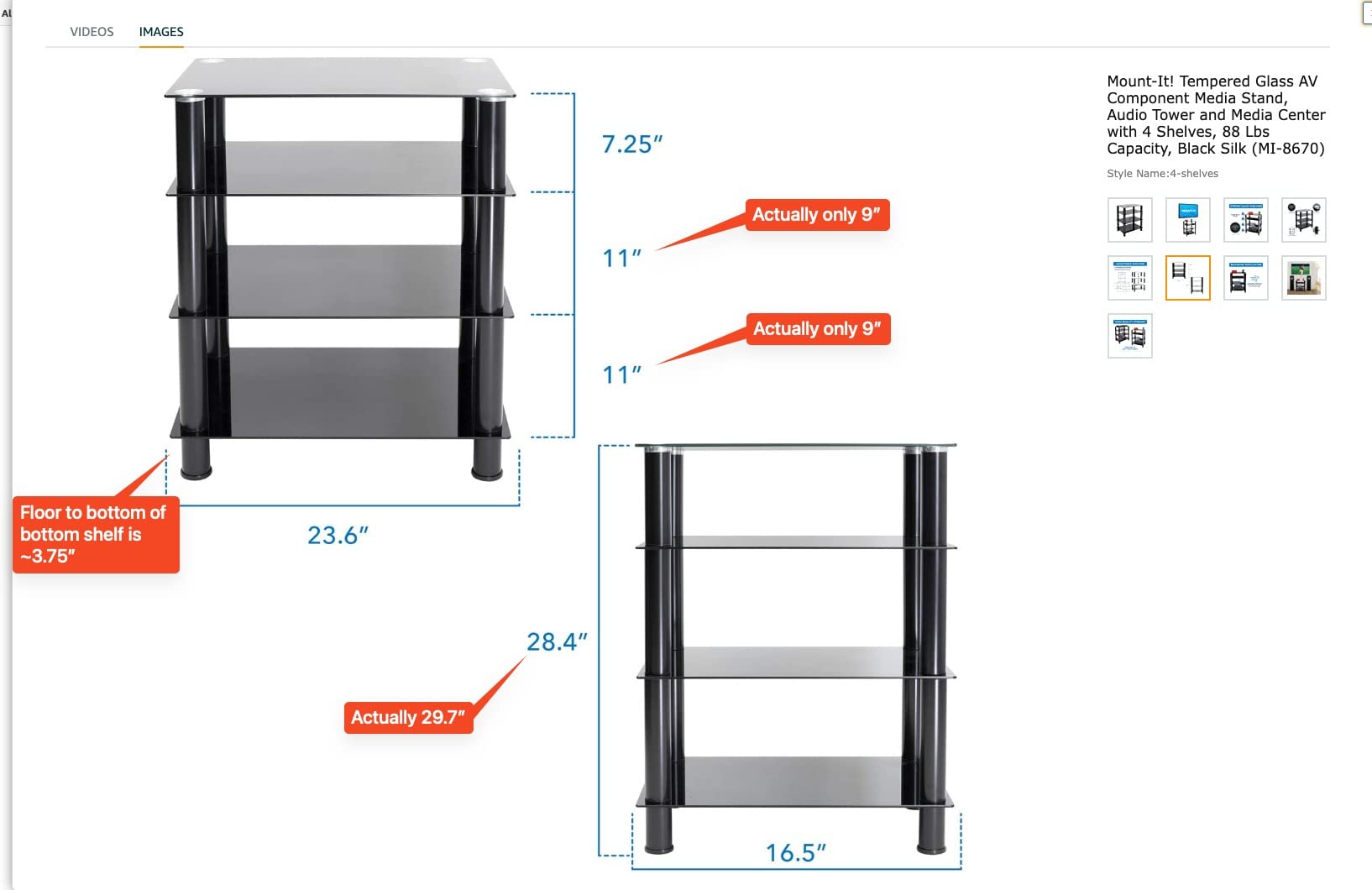 Mount-It! Tempered Glass AV Component Media Stand, Audio Tower and Media Center with 4 Shelves, 88 Lbs Capacity, Black Silk (MI-8670) customer photo 1