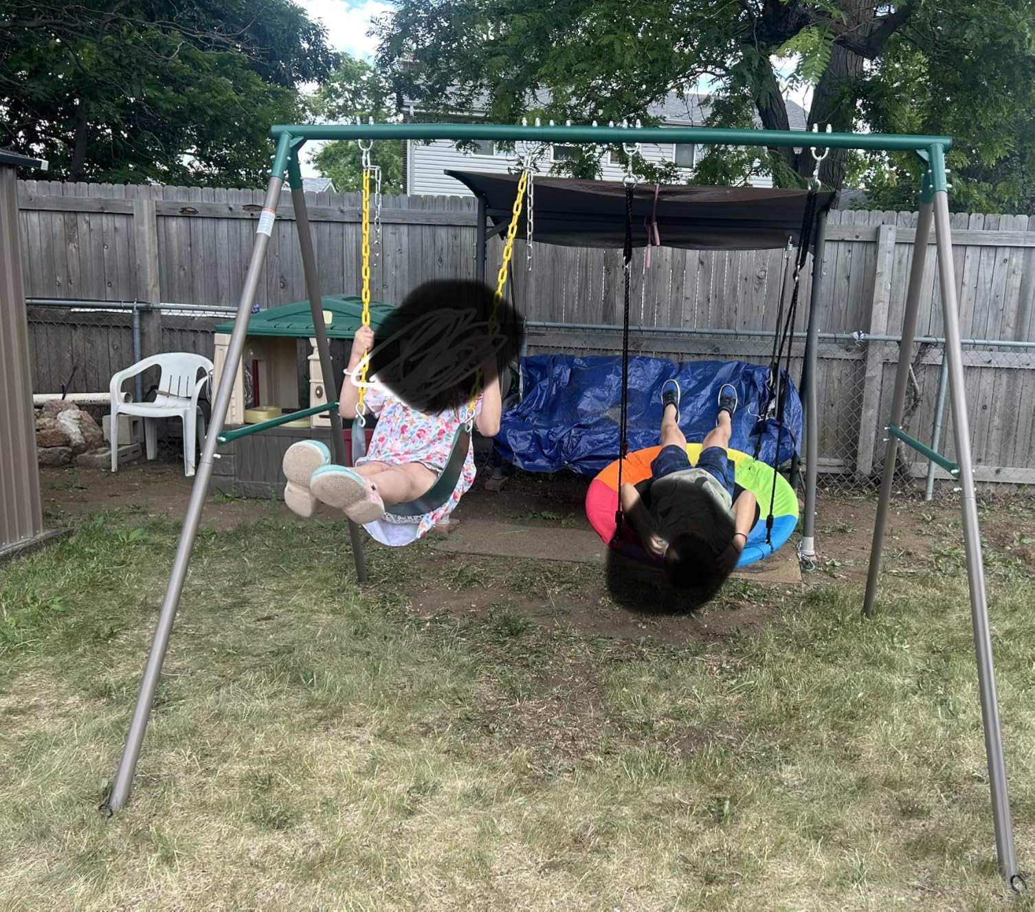 Trekassy 440lbs Swing Sets for Backyard, 2 Seat Saucer & Belt Swing - Green | Dual Swing Options, Heavy Duty A-Frame Metal Stand, Weather-Resistant, Easy Assembly, Outdoor Playset for Kids Family Fun customer photo 1