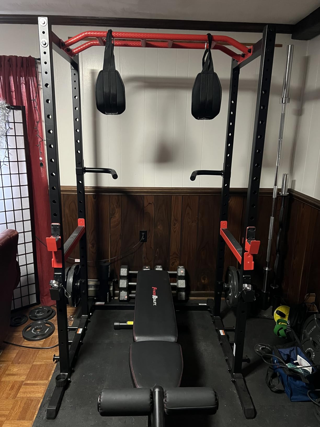 Sunny Health & Fitness Full Size Power Cage for Home Gym Training | Squats, Presses & Pull-Ups, Reversible Pull-Up Bar, Numbered Heights, 6 Band Pegs, Plate Storage, 1000 lb Rack customer photo 2