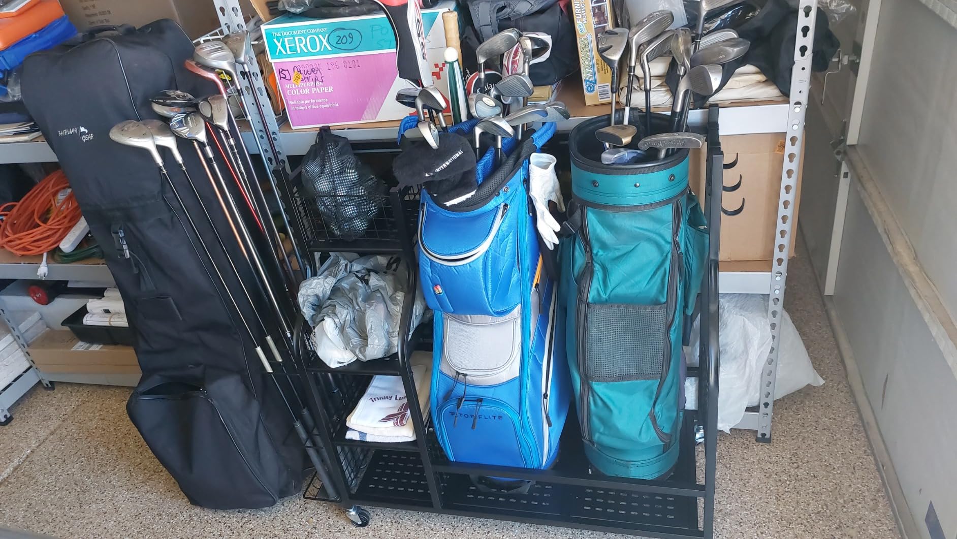 Mythinglogic Golf Bag Storage Organizer for Garage, Multiple Capacities | All in one metal storage for organizing golf bags, shoes, balls and golf accessories in garages, home or golf simulator rooms customer photo 2