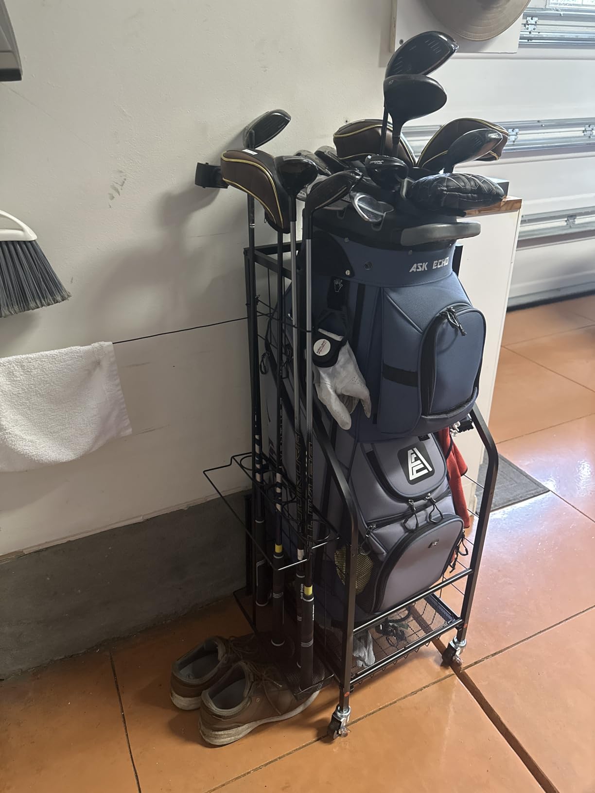 FHXZH Golf Bag Storage Garage Organizer - Golf Bag Stand with Wheels | Fit Single Golf Bag, Clubs, Golf Equipment Accessories, Rolling Cart, Storage Rack For Garage, Home, Basement, Shed customer photo 1