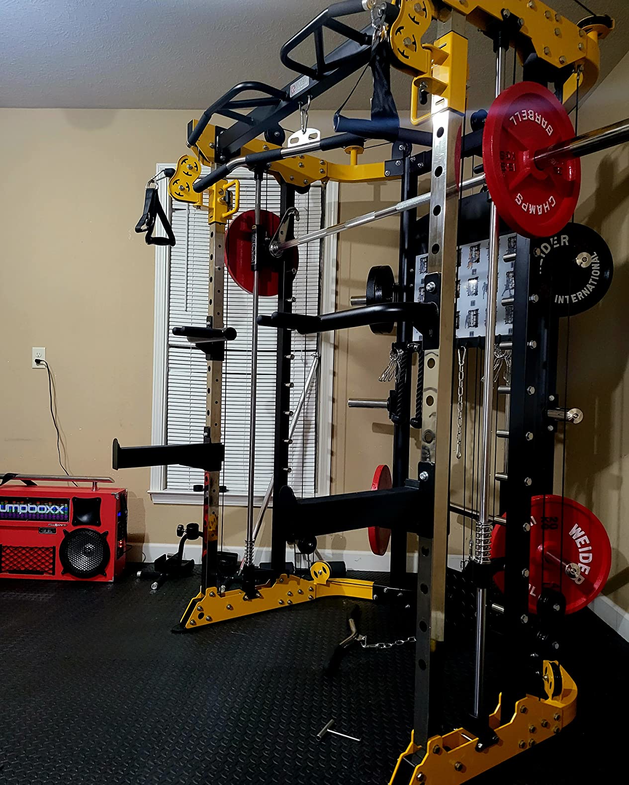 Altas Strength 3059 Plate Loaded Smith Machine Home Gym Cable System | Solo training power rack. 2.5mm steel frame, 1000lb capacity, linear bearings. Fits 8ft ceilings, wood crate shipped. customer photo 1