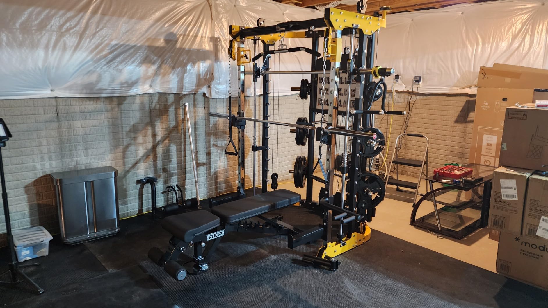 Altas Strength 3059 Plate Loaded Smith Machine Home Gym Cable System | Solo training power rack. 2.5mm steel frame, 1000lb capacity, linear bearings. Fits 8ft ceilings, wood crate shipped. customer photo 2