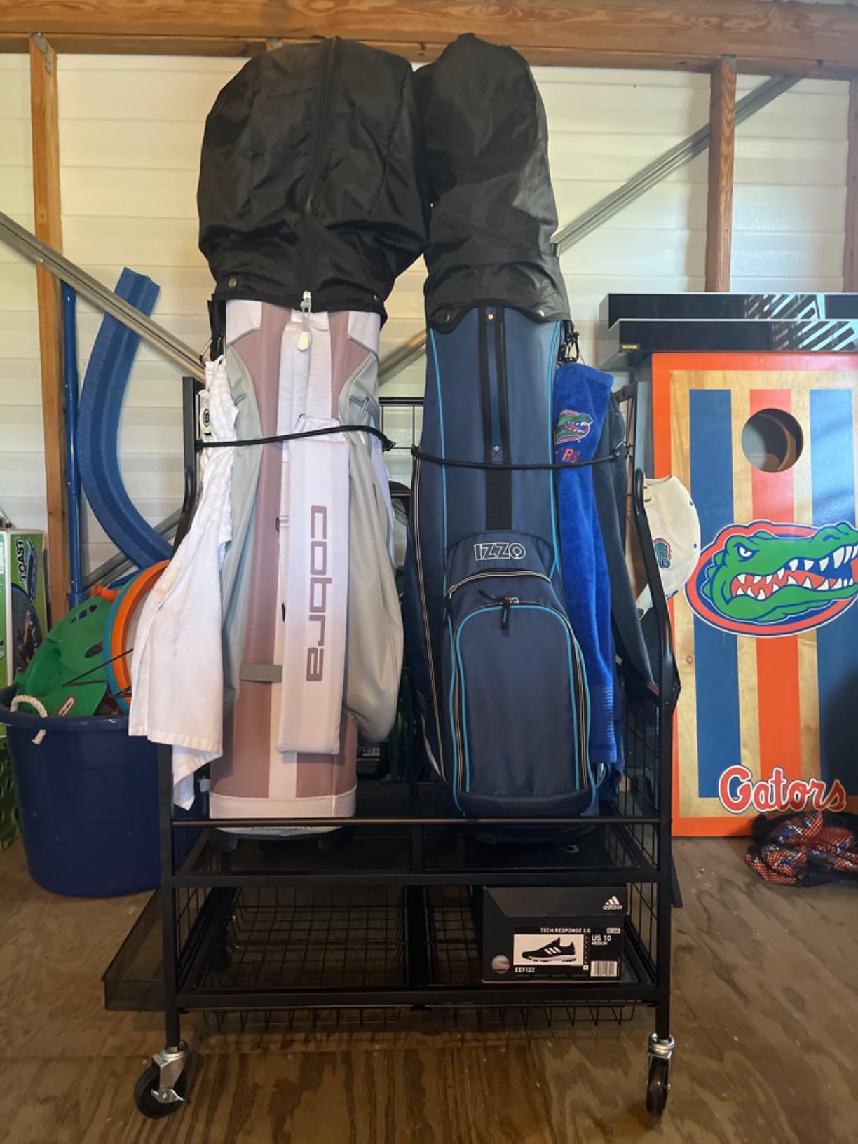 FHXZH Golf Bags Storage Garage Organizer - Golf Bag Stand for 2 Bag | Holder Extra Clubs, Balls, Shoes, Golf Equipment Accessories, With Wheels, Rolling Storage Rack For Garage, Home, Shed customer photo 2