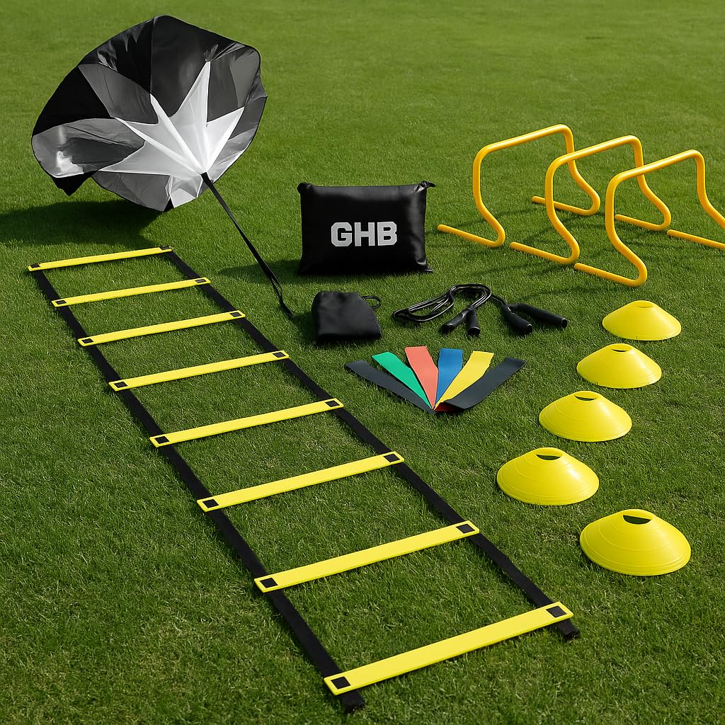 GHB Agility Ladder, Football Training Equipment Set | 4 Agility Hurdles, 20 feet 12 Rungs Speed Ladder, 12 Disc Cones, Resistance Parachute, Jump Rope, 5 Resistance Bands customer photo 1