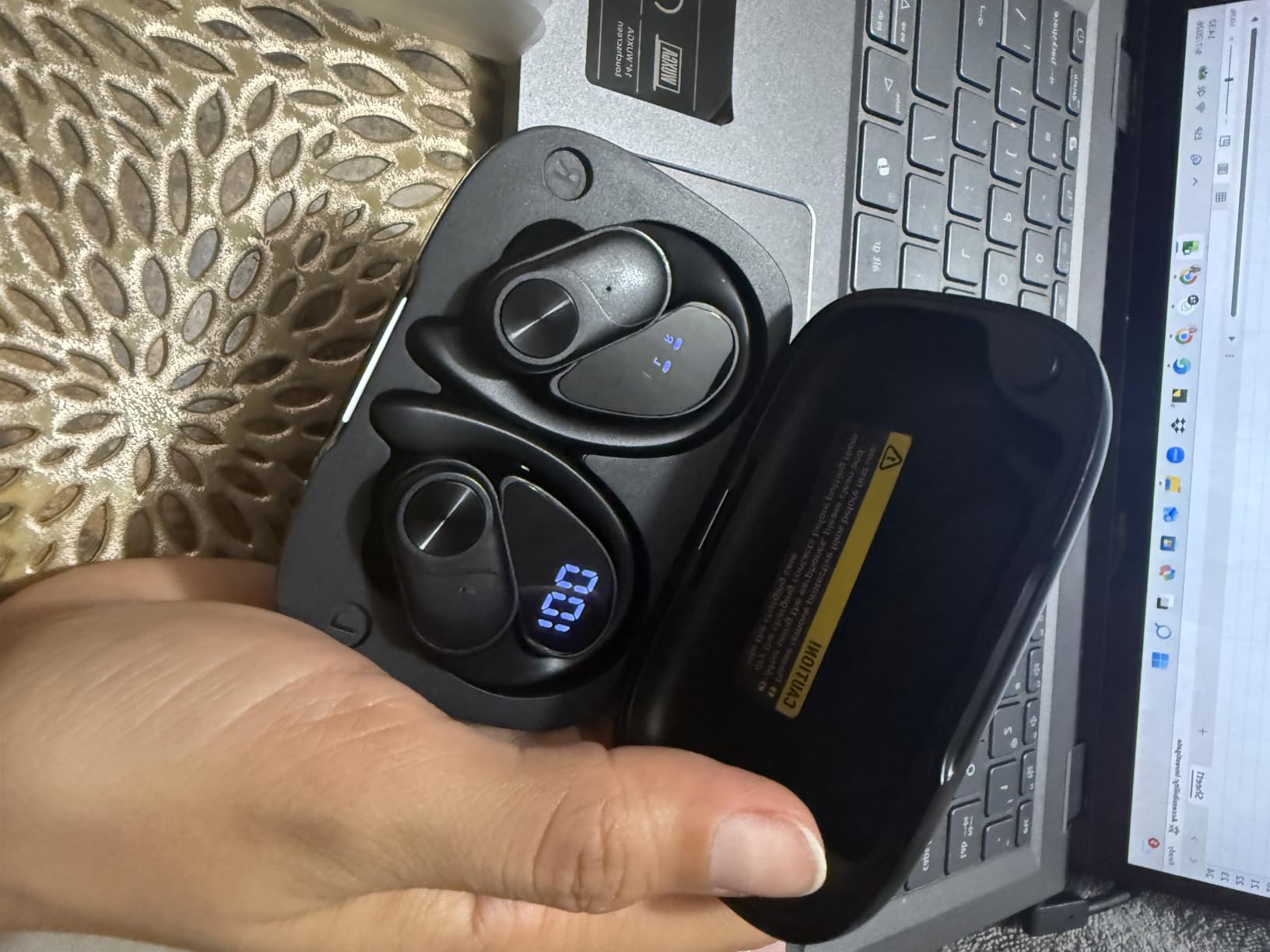 PocBuds Bluetooth Headphones Wireless Earbuds 80hrs Playtime Wireless Charging Case Digital Display Sports Ear Buds with Earhook Deep Bass IPX7 Waterproof Over-Ear Earphones for TV Phone Laptop Black customer photo 1