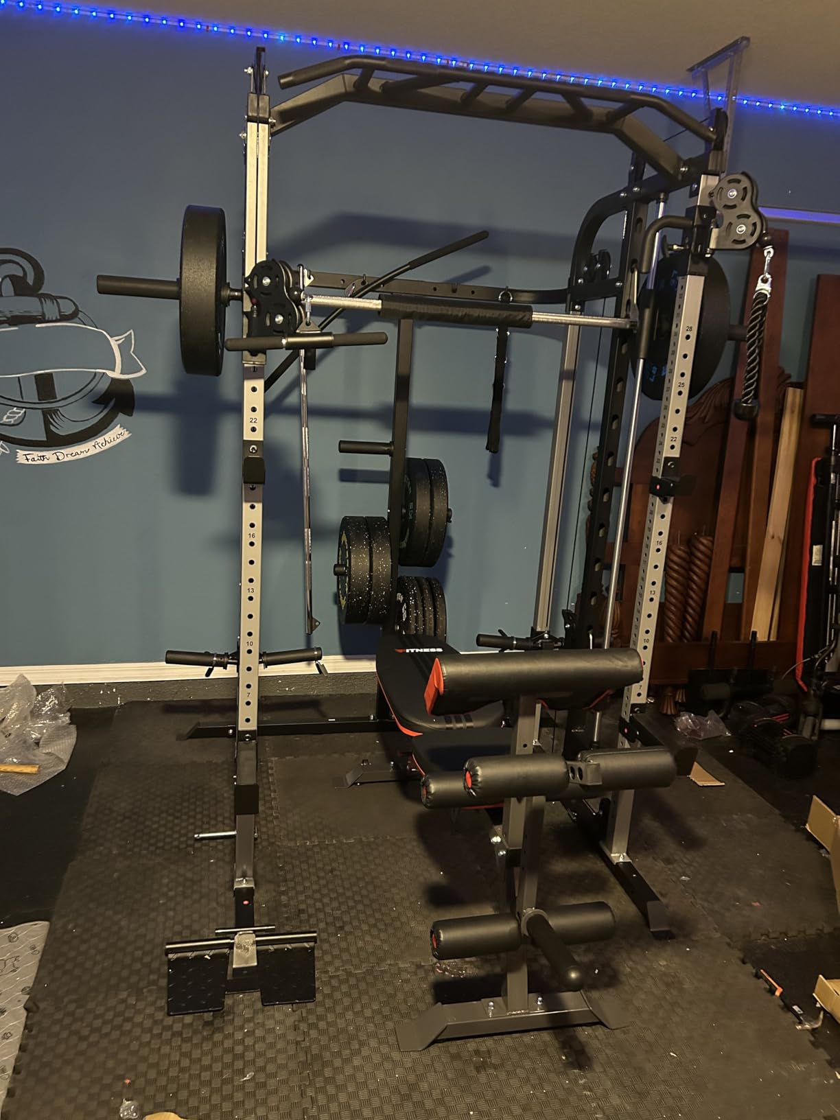Smith Machine, Multifunctional Power Cage Rack with Smith Bar and Cable Pulley System, and LAT Pull Down Machine for Home Gym customer photo 2