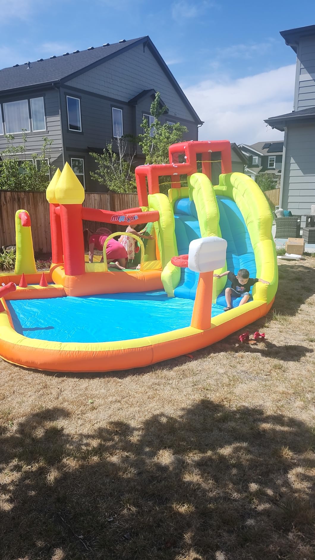 MIRUNAIR Inflatable Bounce House with Slides, Inflatable Water Slide for Kids Backyard, Bounce Water Park with Air Blower, Splash Pool, Water Cannon, Climbing Wall, Outdoor Backyard Water Park customer photo 2