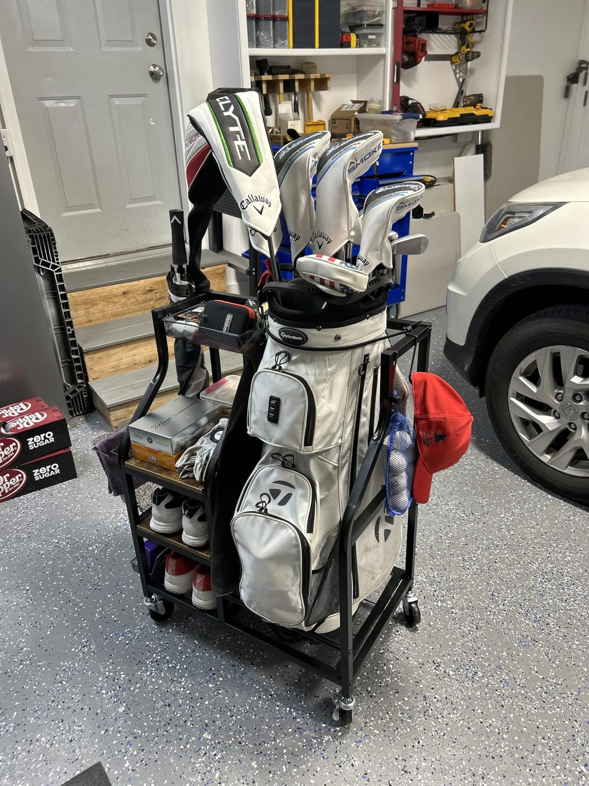 FHXZH Golf Bags Storage Garage Organizer - Golf Bag Stand with Wheels | Golf Bag Rack, Holder Golf Clubs, Balls, Accessories, Rolling Cart, Steel & Wood, For Garage, Home, Basement, Shed customer photo 1