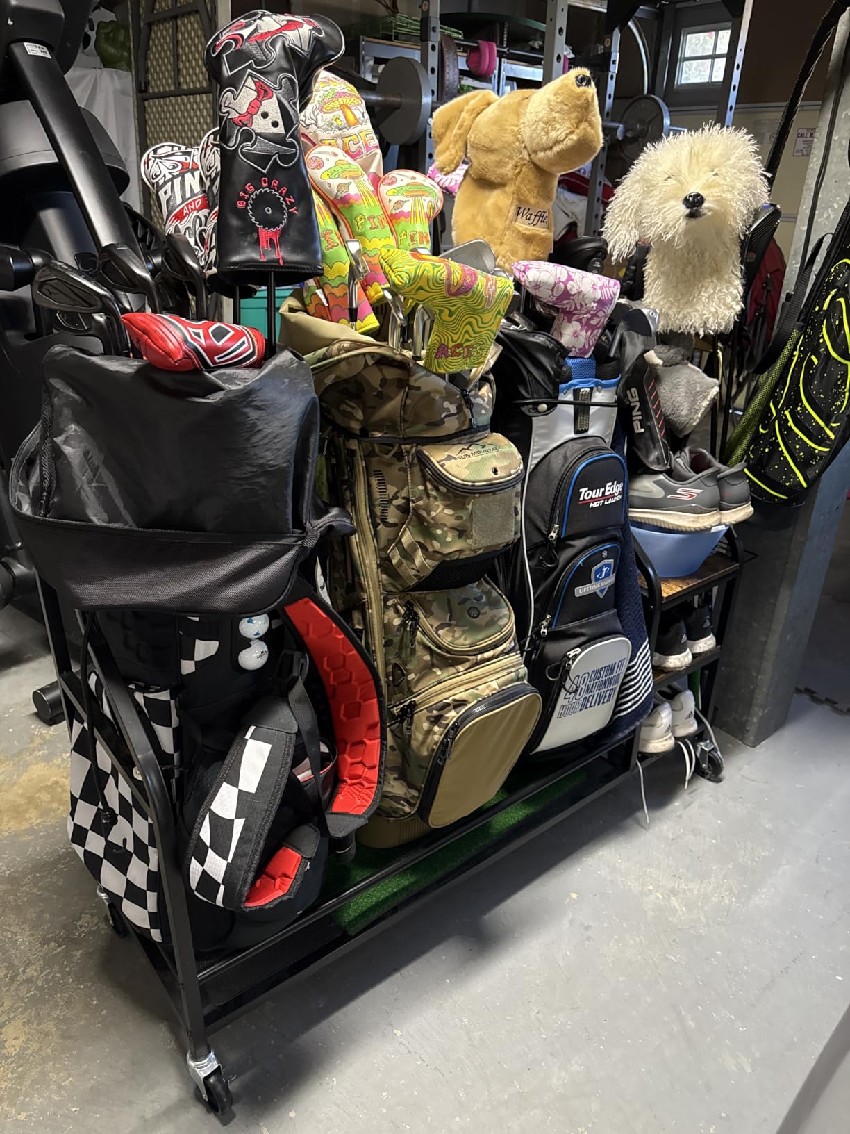 FHXZH Golf Bags Storage Garage Organizer - Golf Bag Stand with Wheels | Golf Bag Rack, Holder Golf Clubs, Balls, Accessories, Rolling Cart, Steel & Wood, For Garage, Home, Basement, Shed customer photo 2
