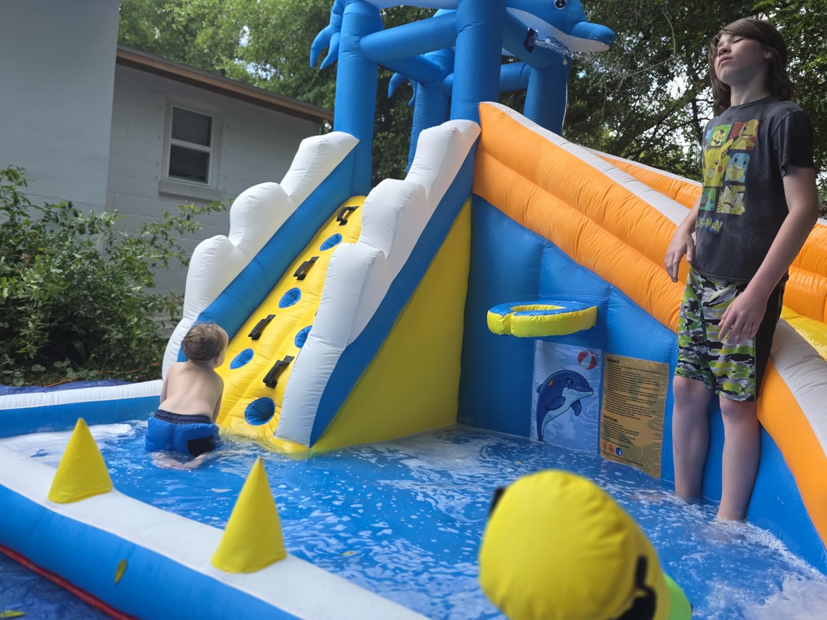 TOAOB Inflatable Water Slide, 5 in 1 Dolphin Inflatable Bounce House for Kids - Climbing Wall Splash Pool Water Cannon Basketball Rim - 480W Blower - for Indoor Outdoor Backyard Birthday Party customer photo 1