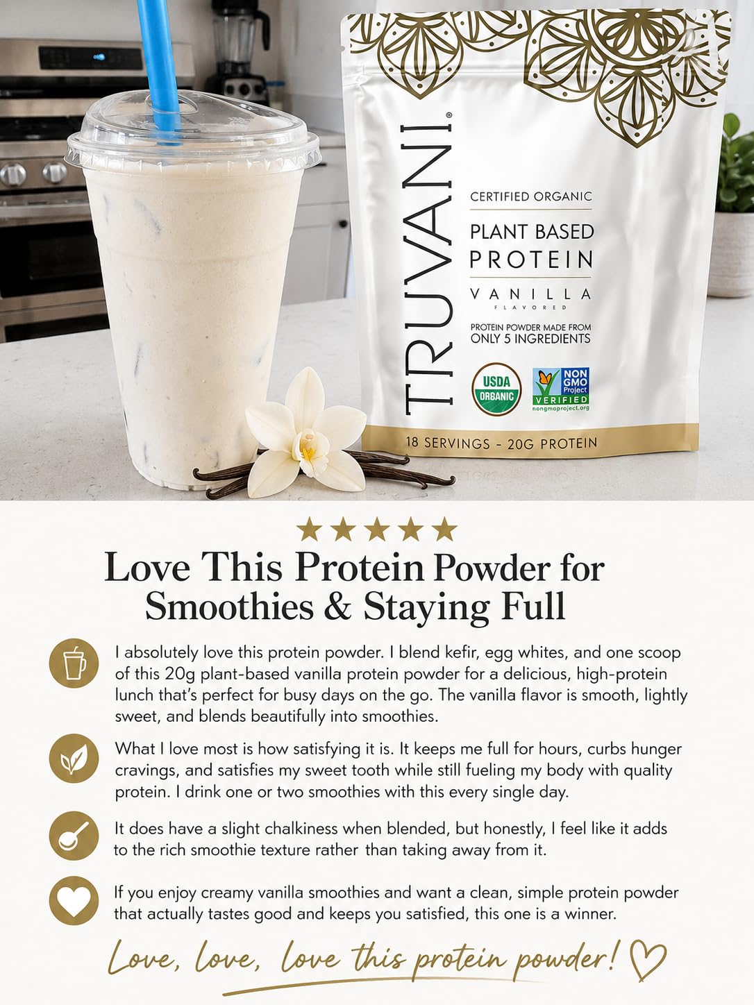 Truvani Organic Plant Based Protein Powder | Vanilla | 18 Servings | Vegan | 20g Pea Protein | Keto | Gluten & Dairy Free | Low Carb | No Added Sugar customer photo 1