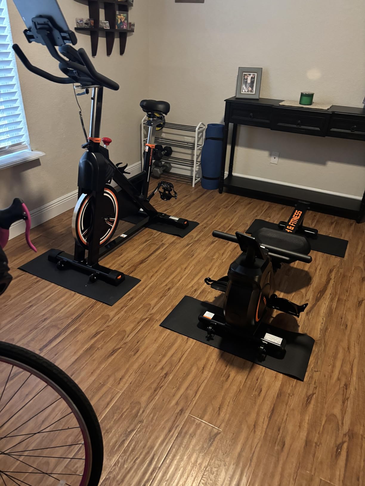 2PCS Fitness Equipment Mats and Floor Protector, Non-Slip Mat Rowing, Rowing Machine Bike Mat for Carpet & Hardwood Floors, Exercise Bike Mats (Two Pieces:36 * 12 inch) customer photo 1