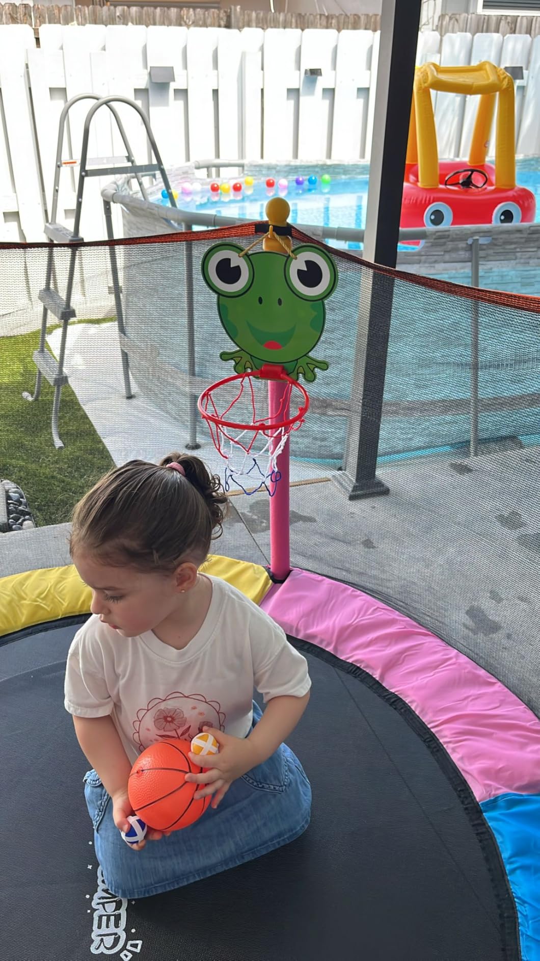 Mini Toddler Trampoline Ages 2-10, Small Indoor Kids Trampoline | Safety Enclosure Net, Basketball Hoop & Ocean Balls, Indoor Outdoor Activity Toys, Birthday Gift for Boys & Girls, Pink & Blue customer photo 1
