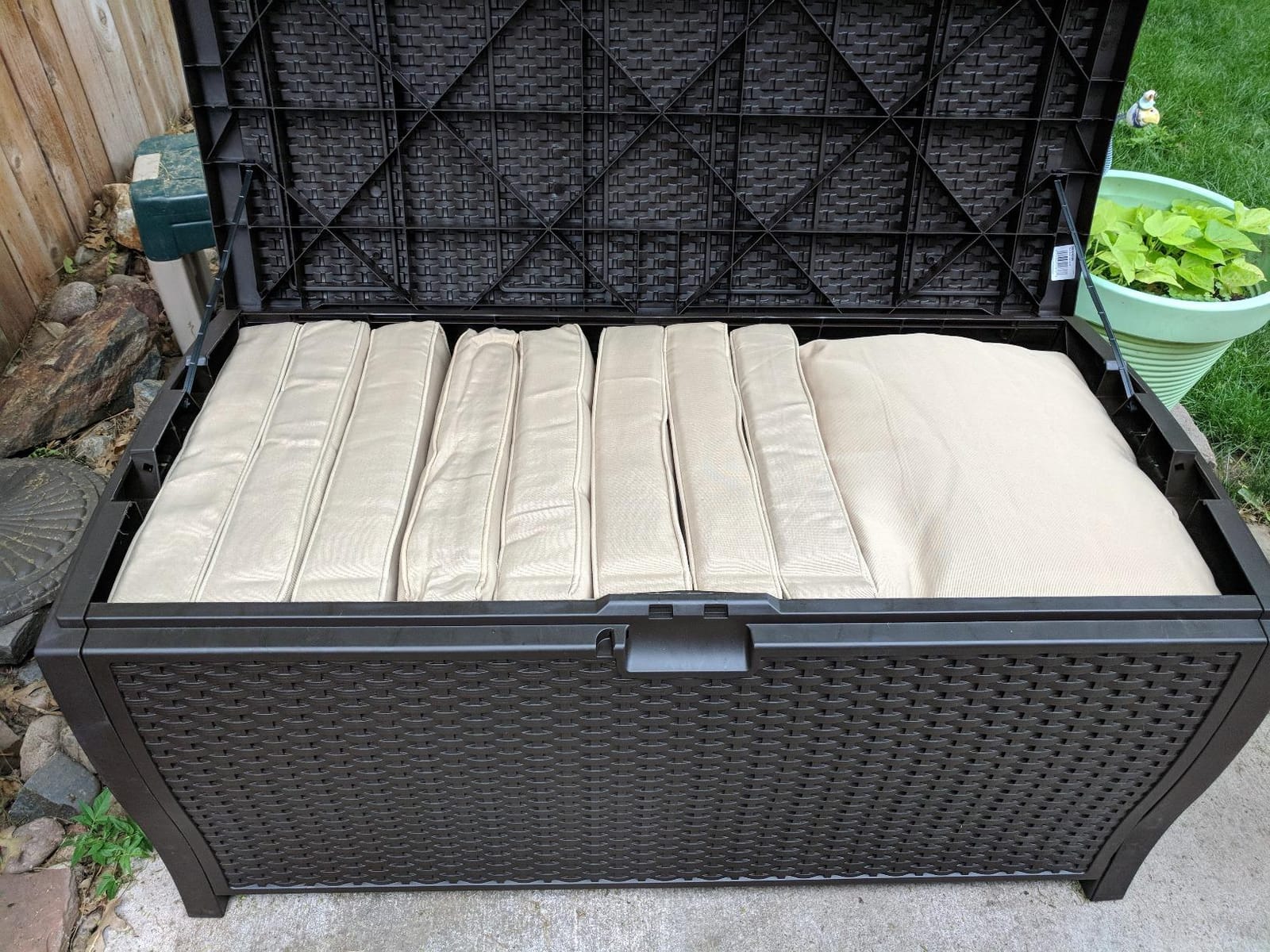 Suncast 99 Gal Wicker Resin Deck Box, Storage Chest Bin with Handles, Java customer photo 2