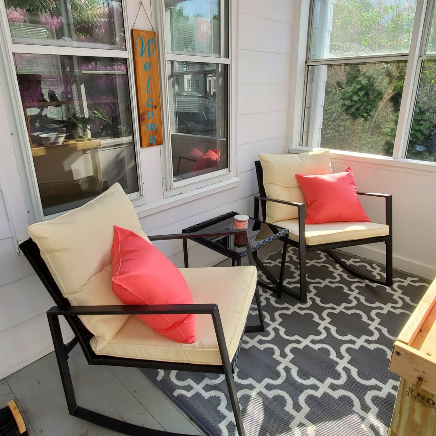 SUNCROWN 3 Piece Outdoor Rocking Bistro Set Black Wicker Furniture Porch Chairs Conversation Sets with Glass Coffee Table, Beige customer photo 2
