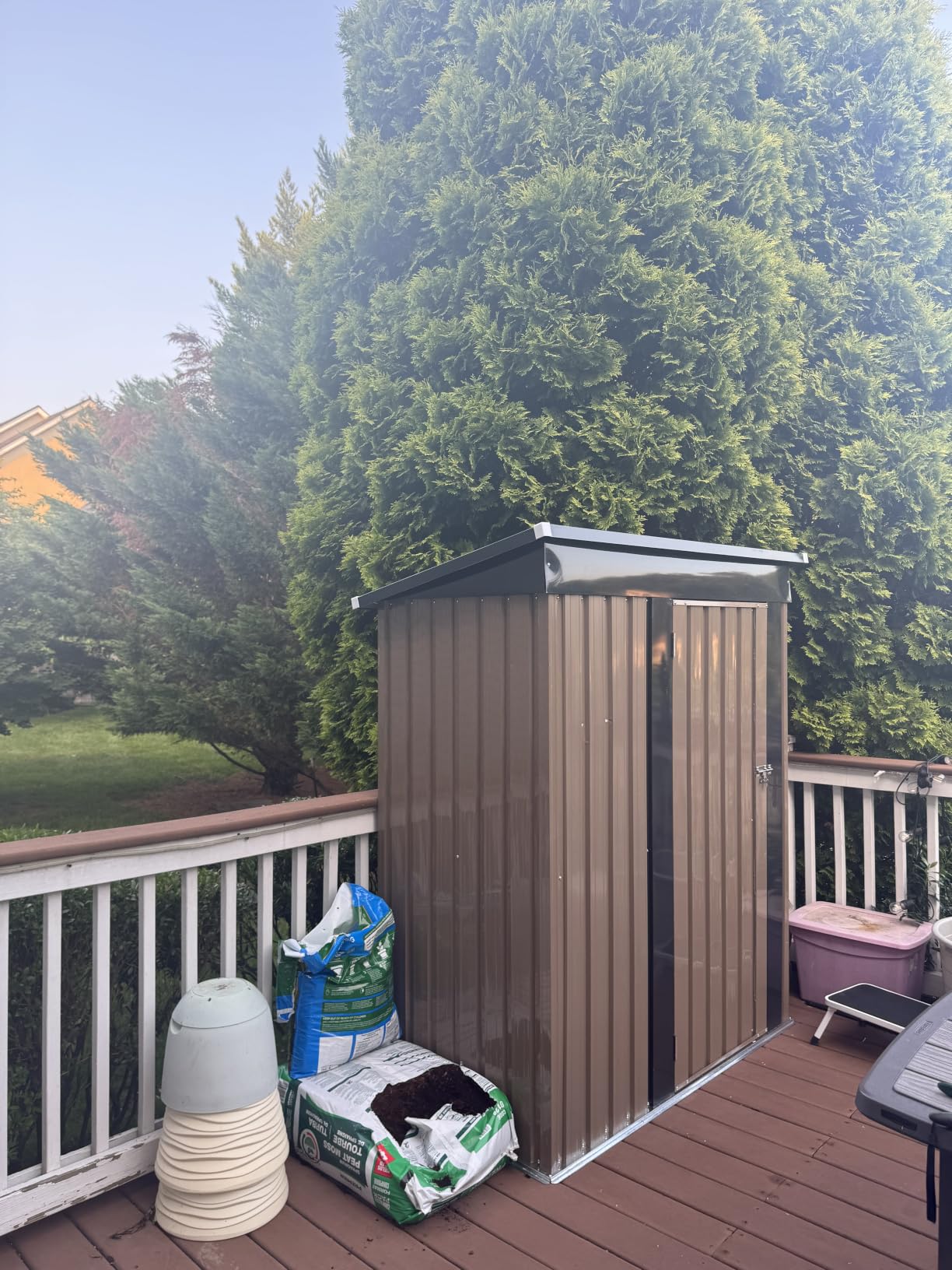 Devoko 5x3 FT Outdoor Storage Shed, Brown | Small Metal Tool Sheds, Lockable Door, Sloping Roof, Utility Garden Shed for Lawn Backyard Patio customer photo 2