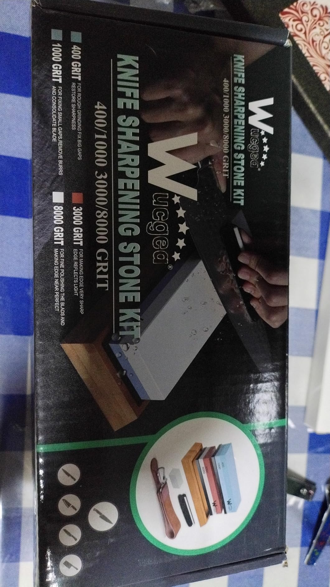 Wucgea Knife Sharpening Stone Kit - 400/1000 3000/8000 Grit Japanese Whetstone Set with Non-Slip Rubber Base, Angle Guide, Flattening Stone and Leather Strop customer photo 1
