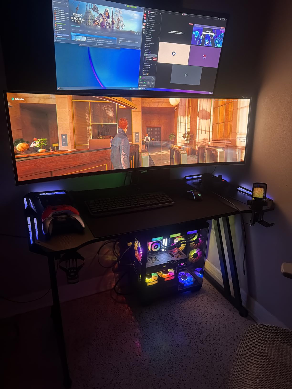 HLDIRECT 63 Inch Gaming Desk Z Shaped Carbon Fiber Computer Desk with LED customer photo 2