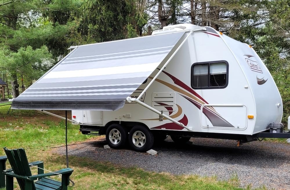YESCAMP Manual RV Awning Complete Kit Retractable Camper Awning for RV or Trailers RV Roll Out Awning for Camper or 5th Wheel,Travel Trailers,Toy Haulers,Motohome(10Ft,White Frame,Black Stripe) customer photo 1