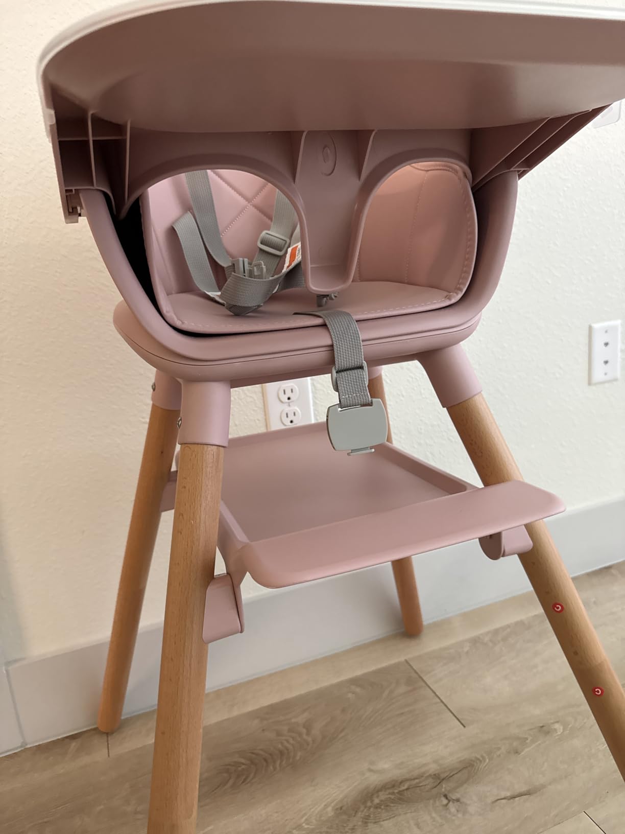 BABY JOY Baby High Chair, 6 in 1 Convertible Wooden High Chair for Babies & Toddlers with Adjustable Legs, Double Removable Tray, Safety Harness & Waterproof PU Cushion (Pink) customer photo 1