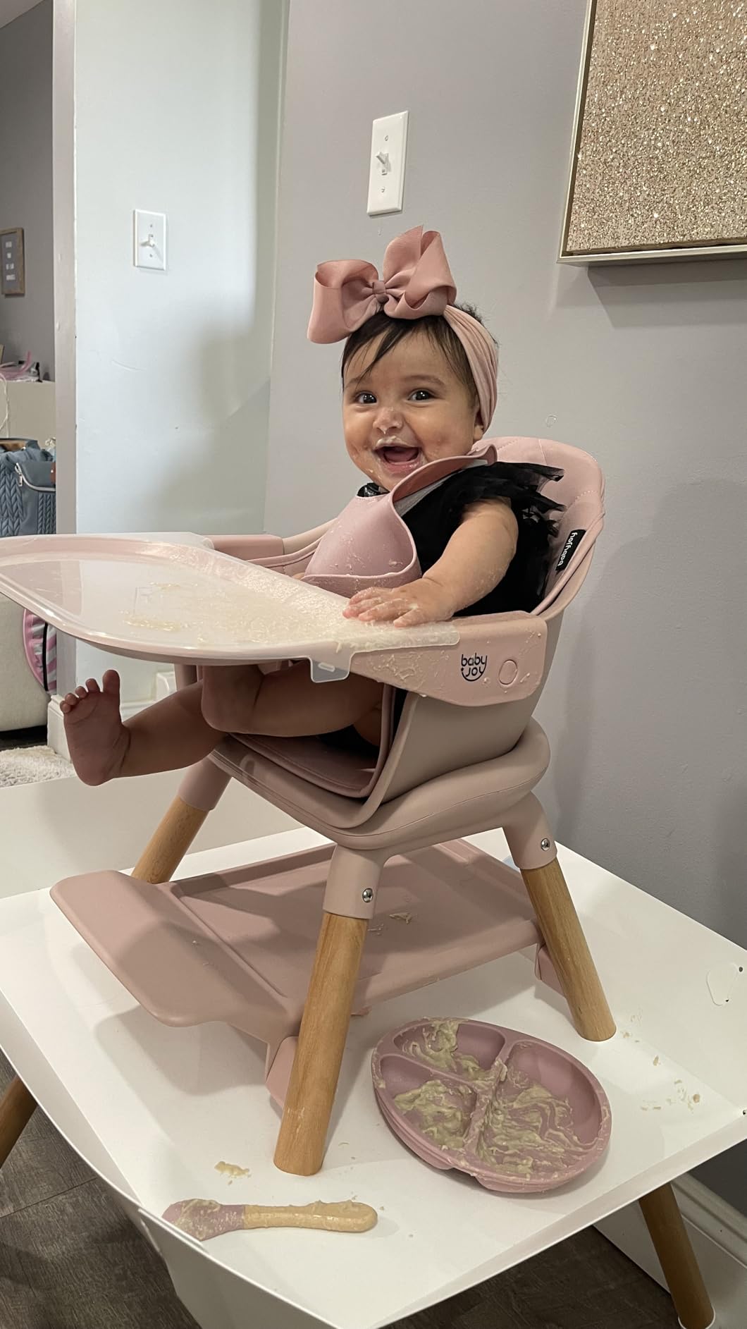 BABY JOY Baby High Chair, 6 in 1 Convertible Wooden High Chair for Babies & Toddlers with Adjustable Legs, Double Removable Tray, Safety Harness & Waterproof PU Cushion (Pink) customer photo 2