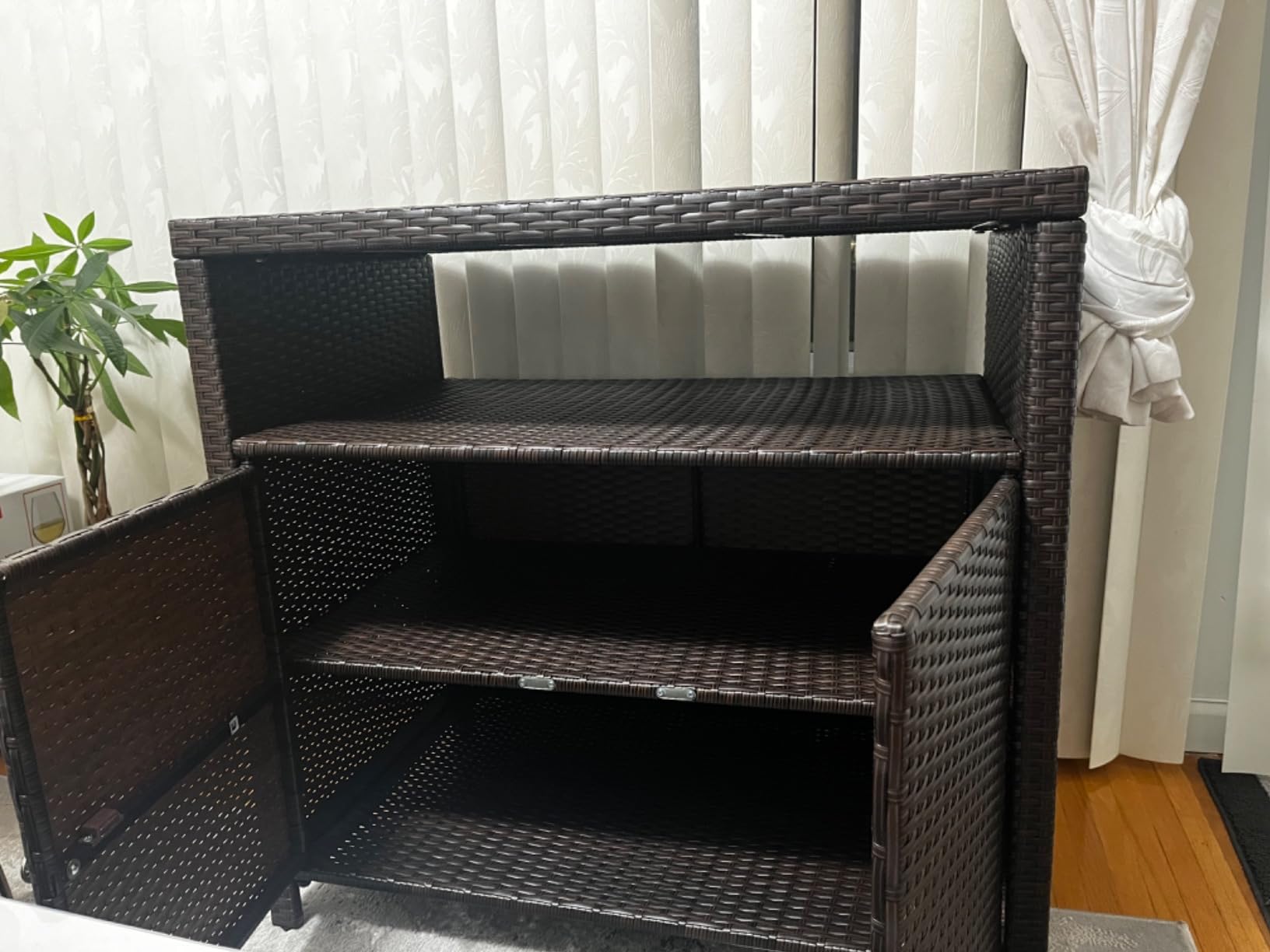 Tangkula Rattan Outdoor Storage Cabinet, Patiojoy Outdoor Cabinet with Acacia Wood Countertop, Open Compartment, 2-Door Wicker Sideboard, Outdoor Bar for Patio Garden Backyard Poolside (Mix Brown) customer photo 1
