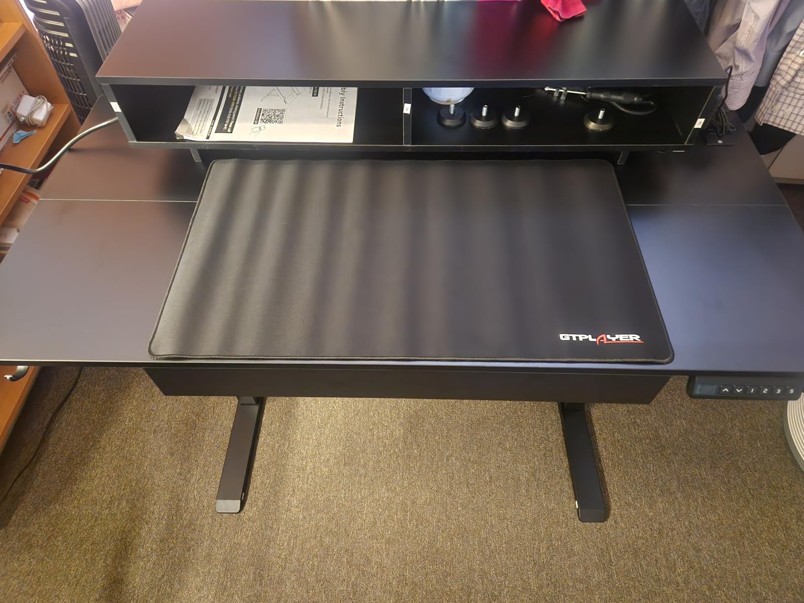 GTPLAYER Electric Standing Desk with Drawers, 55 x 24 Inch Height Adjustable Gaming Desk with Monitor Stand, Power Outlets & LED Lights, Home Office Sit Stand Up Desk with Memory Preset (Black) customer photo 1