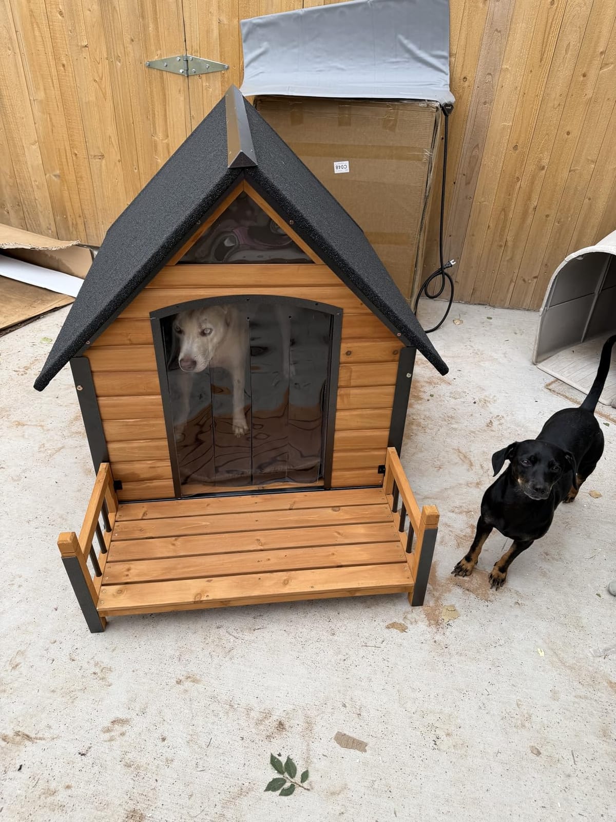 Insulated Dog House with Heating Pad, Weatherproof Outdoor Kennel for Large Dogs, Chew-Resistant Iron Frame & Asphalt Roof (Wood-H, XL) customer photo 2