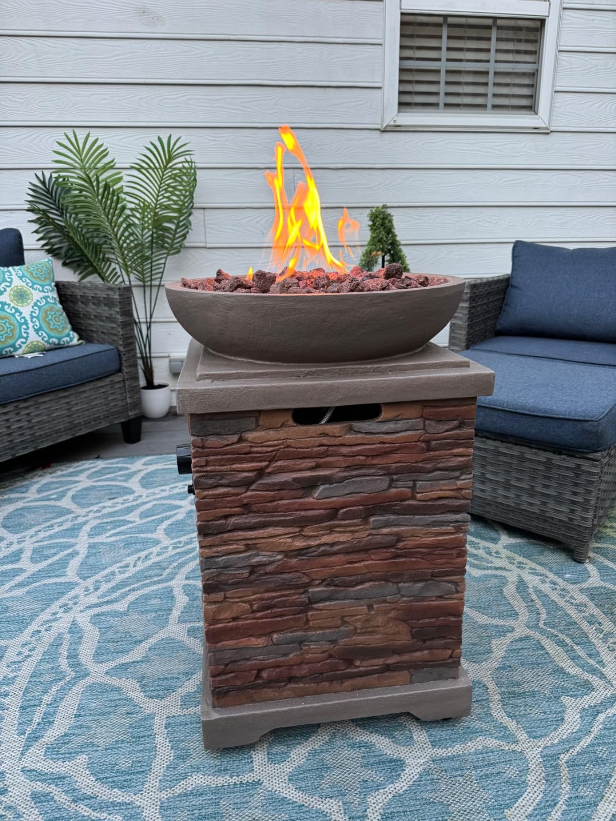 SUNBURY Outdoor Propane Fire Pit, Gas Fire Pit for Outside Patio, Stone Outdoor Fire Table Fire Column 40,000 BTU Propane Fire Tables Firepit Table w Lava Rocks, CSA Certified, Waterproof Cover customer photo 2