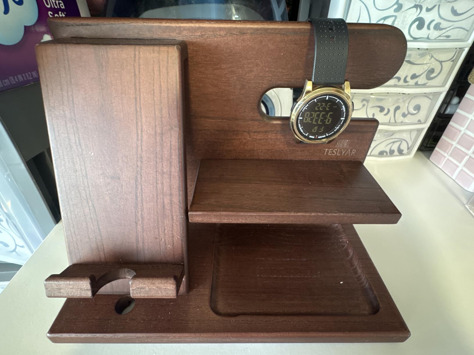 TESLYAR Wood Phone Docking Station for Men - Desktop or Nightstand Organizer - Birthday Gifts for Men, Dad - Anniversary Idea from Wife - Key Holder, Stand Wallet, Watch & Essentials (Bourbon Brown) customer photo 2